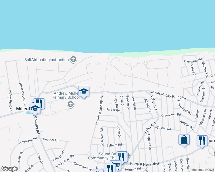 map of restaurants, bars, coffee shops, grocery stores, and more near 297 Lower Rocky Point Road in Sound Beach