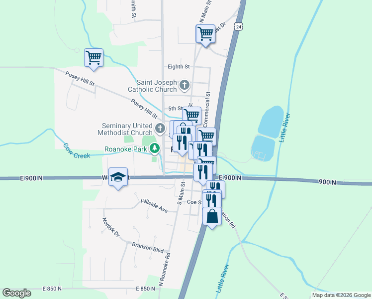 map of restaurants, bars, coffee shops, grocery stores, and more near in Roanoke