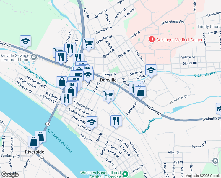 map of restaurants, bars, coffee shops, grocery stores, and more near 349 Lower Mulberry Street in Danville
