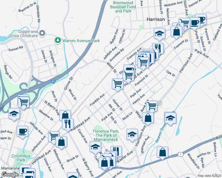 map of restaurants, bars, coffee shops, grocery stores, and more near 8 Halstead Avenue in Harrison