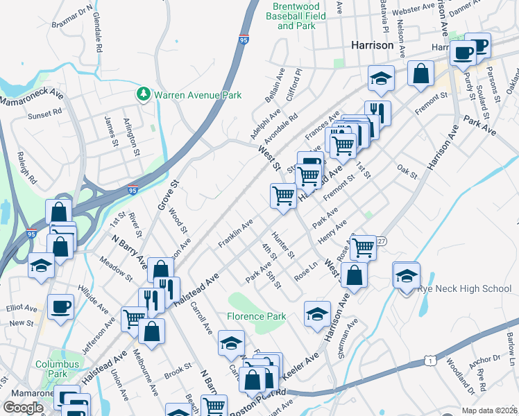 map of restaurants, bars, coffee shops, grocery stores, and more near 1414 Franklin Avenue in Mamaroneck