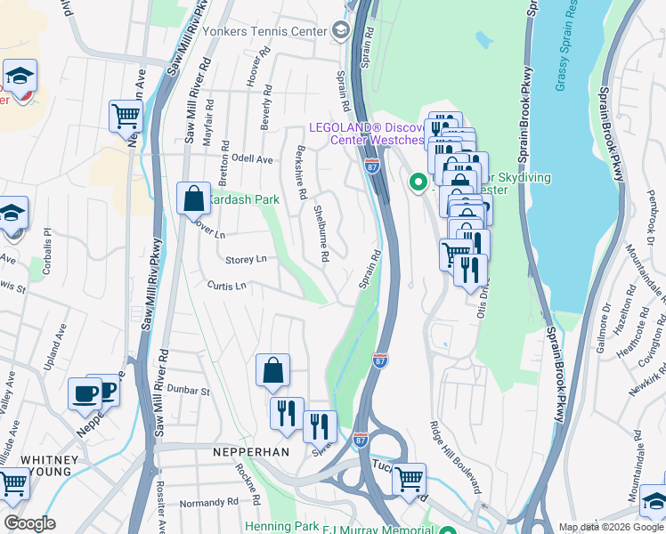 map of restaurants, bars, coffee shops, grocery stores, and more near 21 Westminster Drive in Yonkers