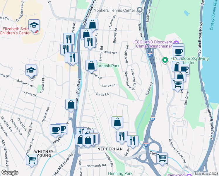 map of restaurants, bars, coffee shops, grocery stores, and more near 114 Curtis Lane in Yonkers