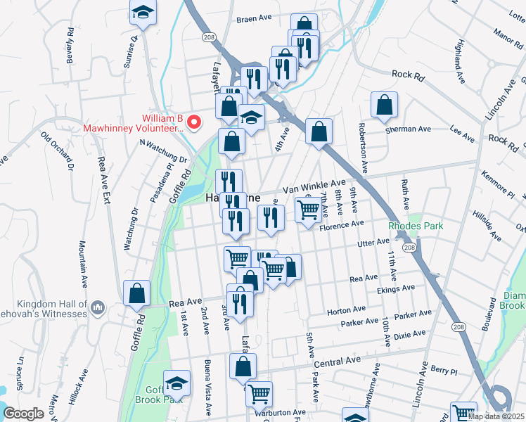 map of restaurants, bars, coffee shops, grocery stores, and more near in Hawthorne