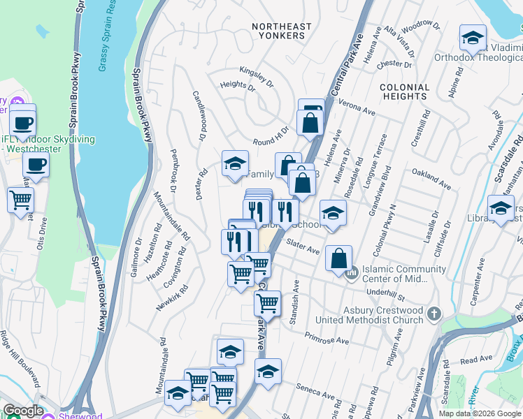 map of restaurants, bars, coffee shops, grocery stores, and more near 1841 Central Park Avenue in Yonkers