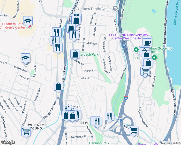 map of restaurants, bars, coffee shops, grocery stores, and more near 114 Curtis Lane in Yonkers