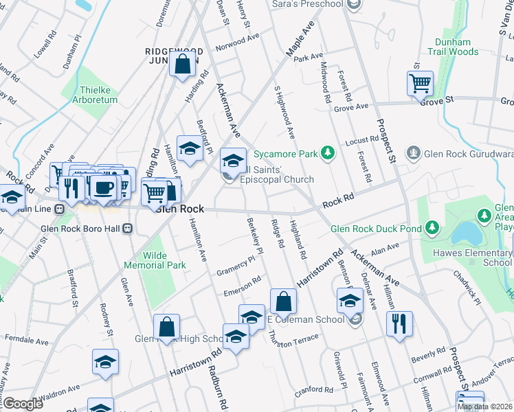 map of restaurants, bars, coffee shops, grocery stores, and more near 426 Rock Road in Glen Rock