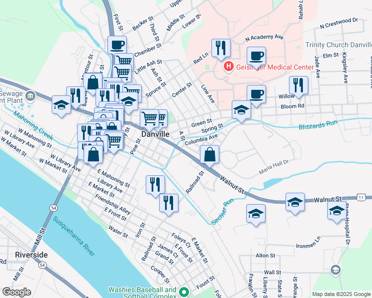 map of restaurants, bars, coffee shops, grocery stores, and more near 520 Nicholas Avenue in Danville