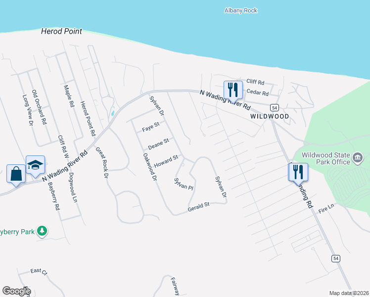 map of restaurants, bars, coffee shops, grocery stores, and more near 136 Sylvan Drive in Wading River