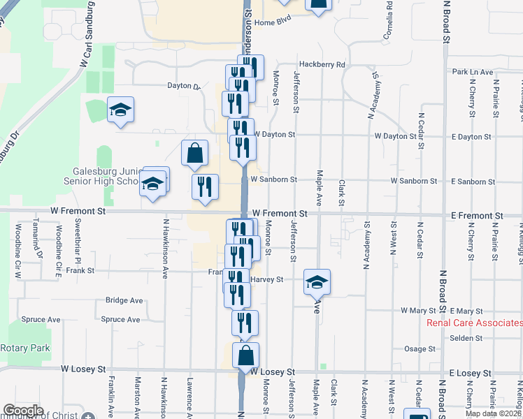 map of restaurants, bars, coffee shops, grocery stores, and more near 700-798 West Fremont Street in Galesburg