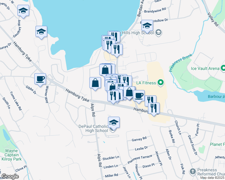 map of restaurants, bars, coffee shops, grocery stores, and more near 1210 Hamburg Turnpike in Wayne