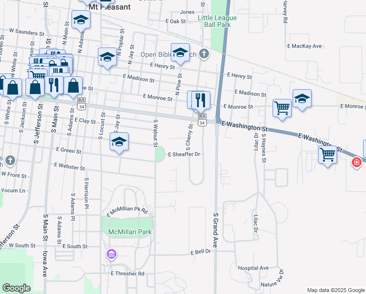 map of restaurants, bars, coffee shops, grocery stores, and more near 801-899 E Sheaffer Dr in Mt Pleasant