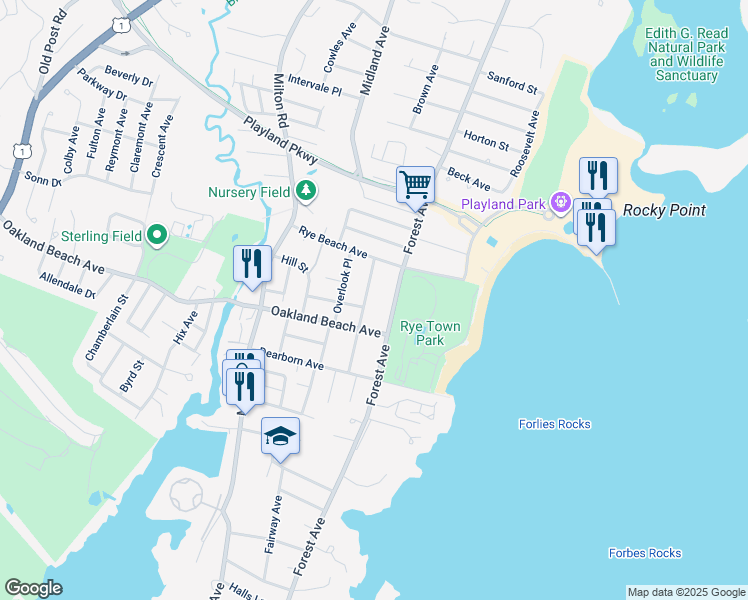 map of restaurants, bars, coffee shops, grocery stores, and more near 590 Forest Avenue in Rye