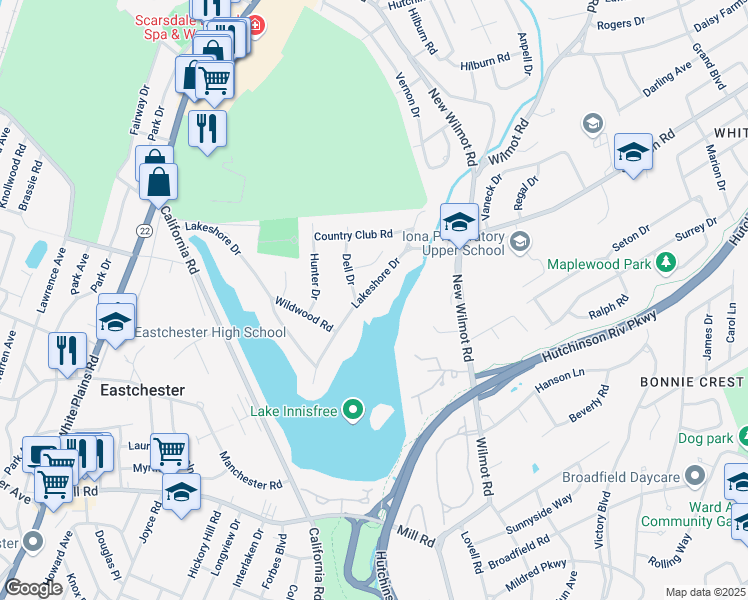 map of restaurants, bars, coffee shops, grocery stores, and more near 88 Lakeshore Drive in Eastchester