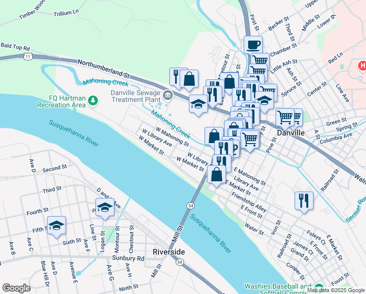 map of restaurants, bars, coffee shops, grocery stores, and more near 340 West Mahoning Street in Danville