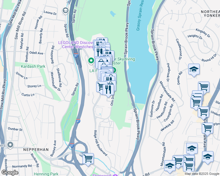 map of restaurants, bars, coffee shops, grocery stores, and more near Ridge Hill Road in Yonkers