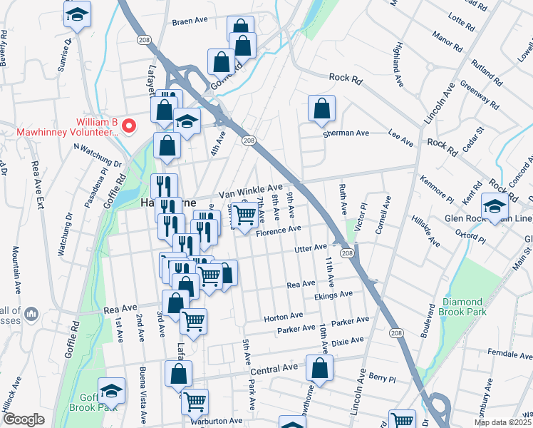 map of restaurants, bars, coffee shops, grocery stores, and more near 135 7th Avenue in Hawthorne