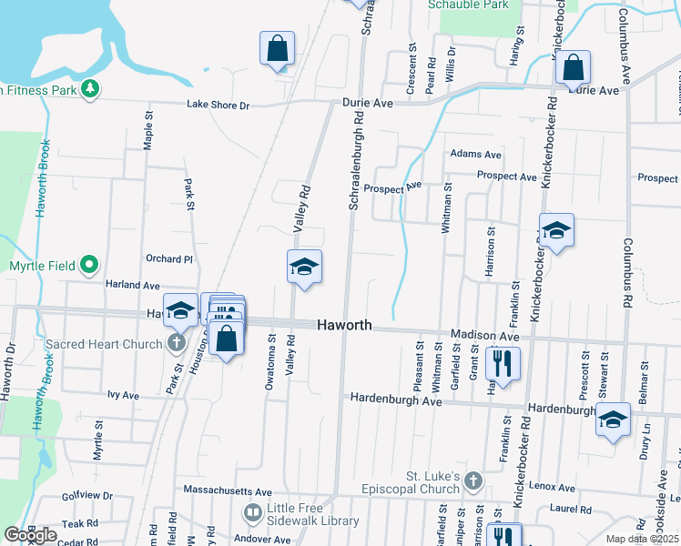 map of restaurants, bars, coffee shops, grocery stores, and more near 232 Schraalenburgh Road in Haworth