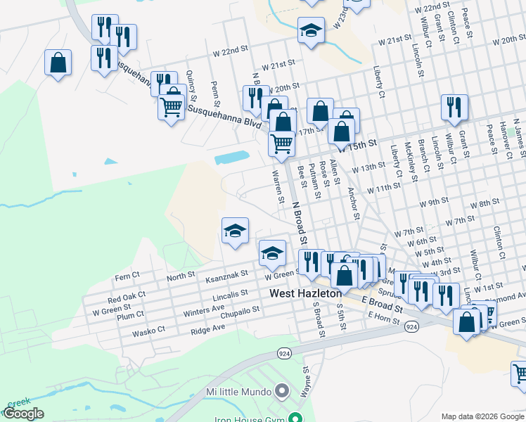 map of restaurants, bars, coffee shops, grocery stores, and more near Lehigh Valley Drive in Luzerne County