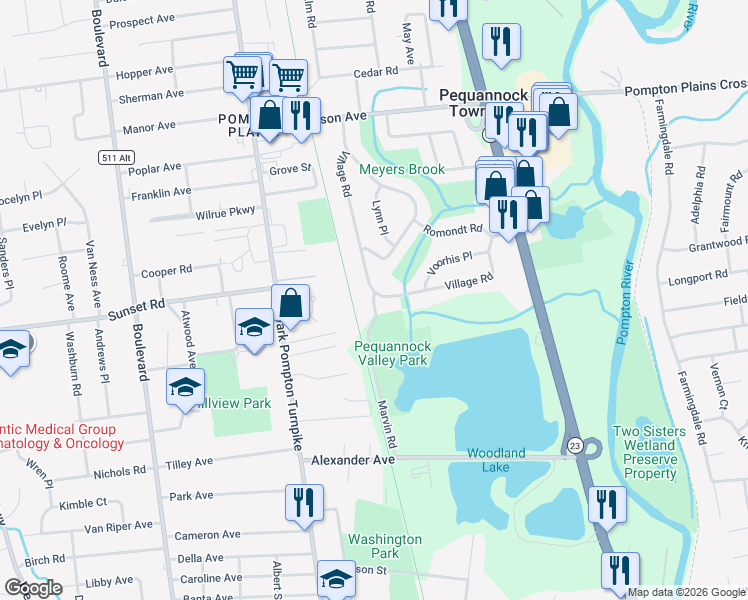 map of restaurants, bars, coffee shops, grocery stores, and more near 3 Marvin Road in Pequannock Township