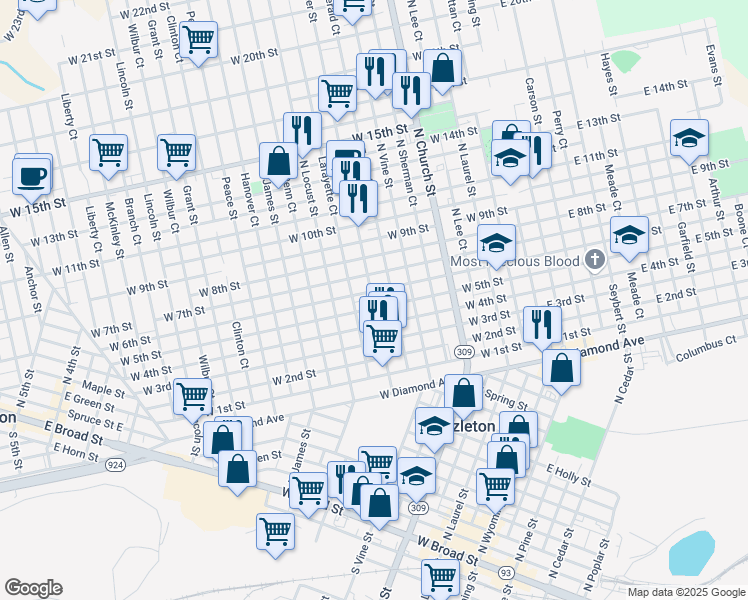 map of restaurants, bars, coffee shops, grocery stores, and more near 599 Alter Street in Hazleton
