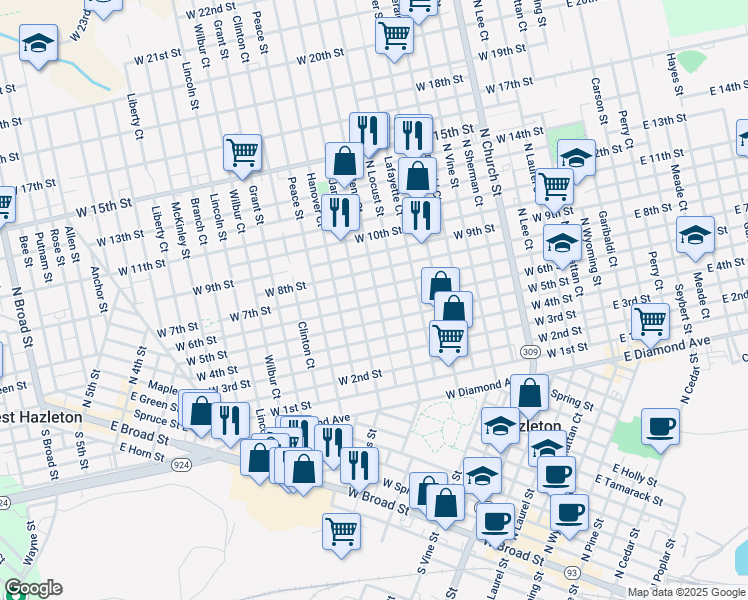 map of restaurants, bars, coffee shops, grocery stores, and more near 519 West 5th Street in Hazleton