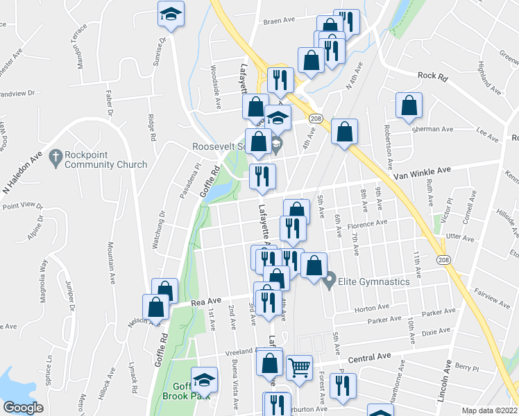 map of restaurants, bars, coffee shops, grocery stores, and more near 710 Lafayette Avenue in Hawthorne