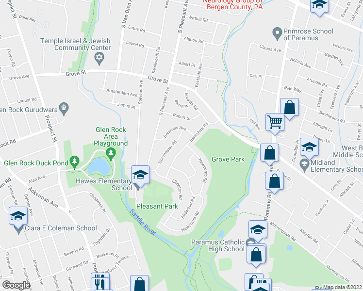 map of restaurants, bars, coffee shops, grocery stores, and more near 447 Berkshire Road in Ridgewood