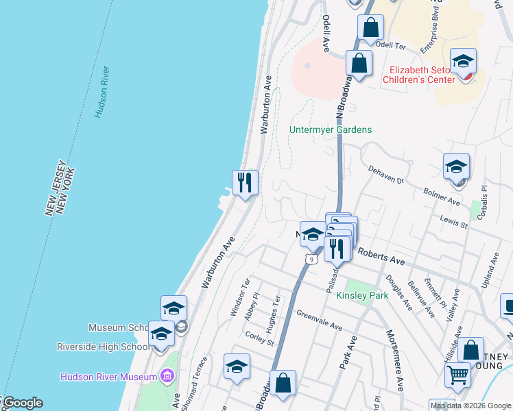 map of restaurants, bars, coffee shops, grocery stores, and more near 10 Robert Lane in Yonkers