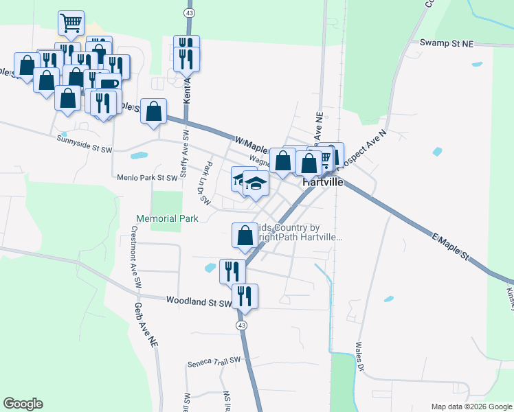 map of restaurants, bars, coffee shops, grocery stores, and more near 245 Belle Avenue Southwest in Hartville