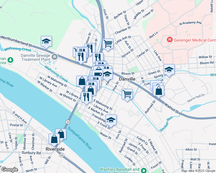 map of restaurants, bars, coffee shops, grocery stores, and more near 342 Ferry Street in Danville
