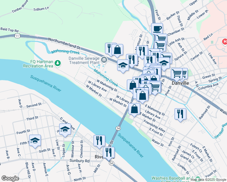 map of restaurants, bars, coffee shops, grocery stores, and more near 340 West Mahoning Street in Danville