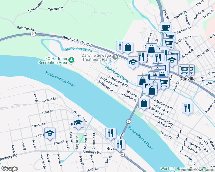 map of restaurants, bars, coffee shops, grocery stores, and more near 455 West Market Street in Danville