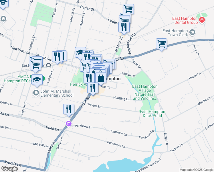 map of restaurants, bars, coffee shops, grocery stores, and more near 53 The Circle in East Hampton