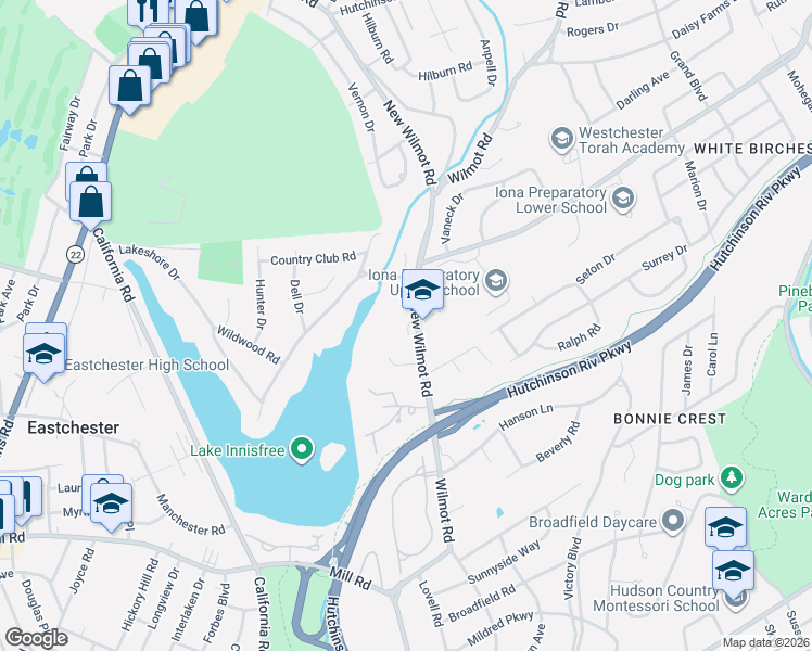 map of restaurants, bars, coffee shops, grocery stores, and more near 250 Wilmot Road in New Rochelle