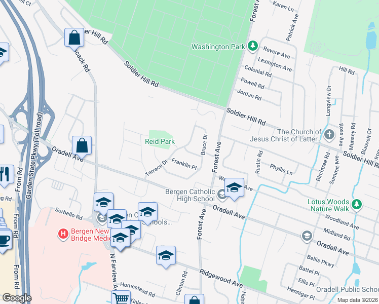 map of restaurants, bars, coffee shops, grocery stores, and more near 329 Franklin Place in Paramus