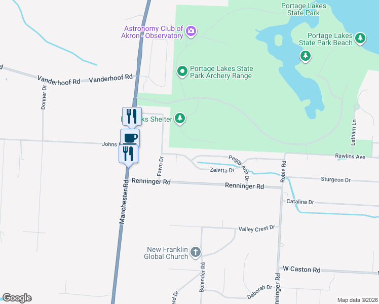 map of restaurants, bars, coffee shops, grocery stores, and more near 878 Zeletta Drive in Akron