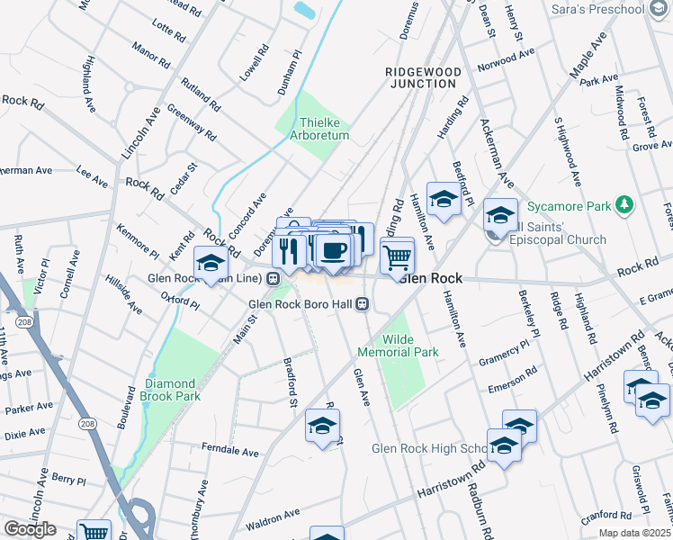 map of restaurants, bars, coffee shops, grocery stores, and more near 229 Rock Road in Glen Rock