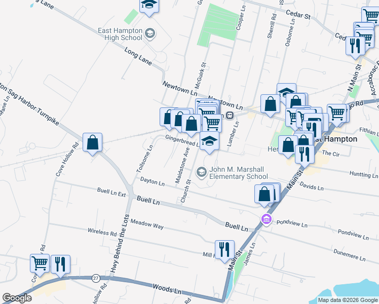 map of restaurants, bars, coffee shops, grocery stores, and more near 8 Maidstone Avenue in East Hampton