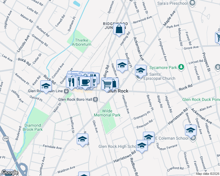 map of restaurants, bars, coffee shops, grocery stores, and more near 650 Maple Avenue in Glen Rock