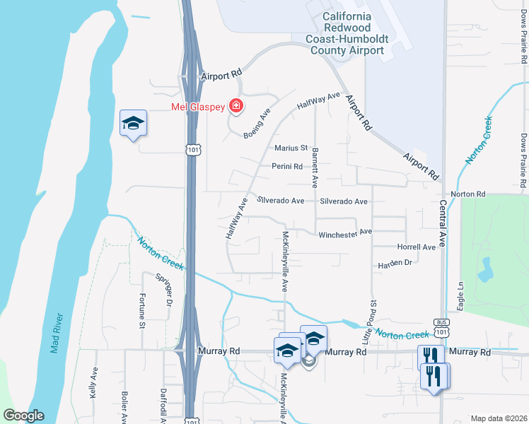 map of restaurants, bars, coffee shops, grocery stores, and more near 1124 Killdeer Road in McKinleyville
