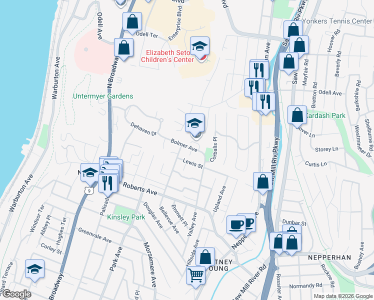 map of restaurants, bars, coffee shops, grocery stores, and more near 464 Bellevue Avenue in Yonkers