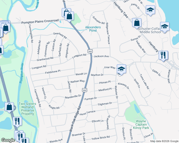 map of restaurants, bars, coffee shops, grocery stores, and more near in Wayne