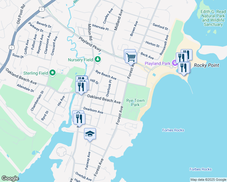 map of restaurants, bars, coffee shops, grocery stores, and more near 53 Overlook Place in Rye