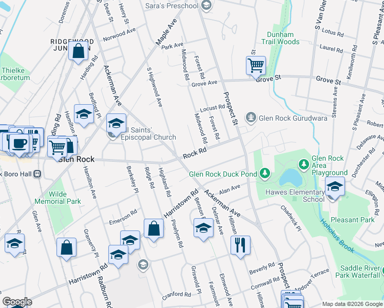 map of restaurants, bars, coffee shops, grocery stores, and more near 629 Ackerman Avenue in Glen Rock