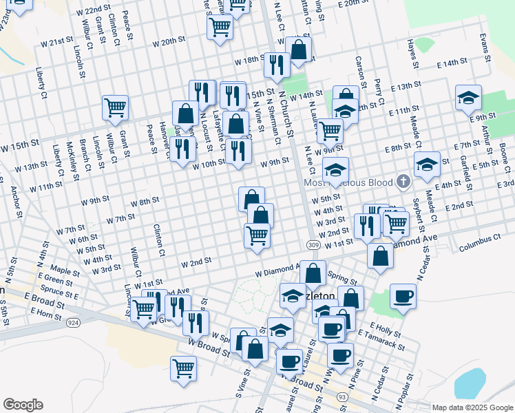 map of restaurants, bars, coffee shops, grocery stores, and more near 613 Alter Street in Hazleton