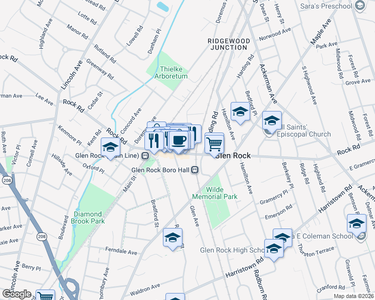 map of restaurants, bars, coffee shops, grocery stores, and more near 229 Rock Road in Glen Rock