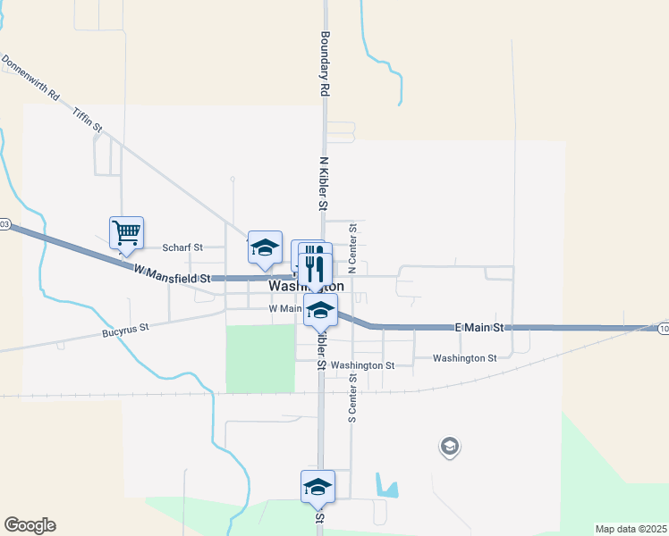 map of restaurants, bars, coffee shops, grocery stores, and more near 119 East Mansfield Street in New Washington