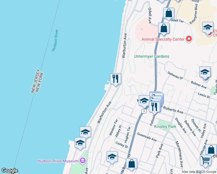 map of restaurants, bars, coffee shops, grocery stores, and more near 51 Water Grant Street in Yonkers