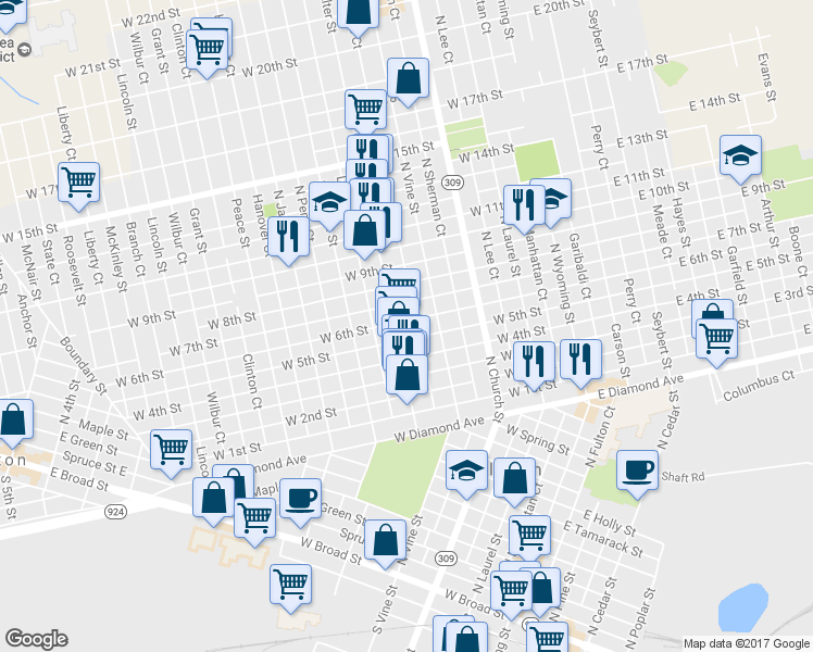 map of restaurants, bars, coffee shops, grocery stores, and more near 613 Alter Street in Hazleton